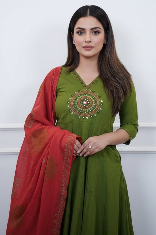 Premium cotton Anarkali Rust & Green kurta set