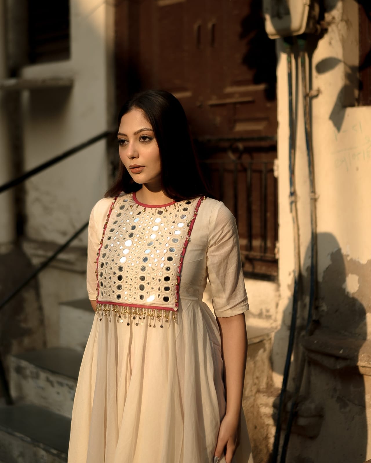 Half white Cotton Anarkali kurti with Pant