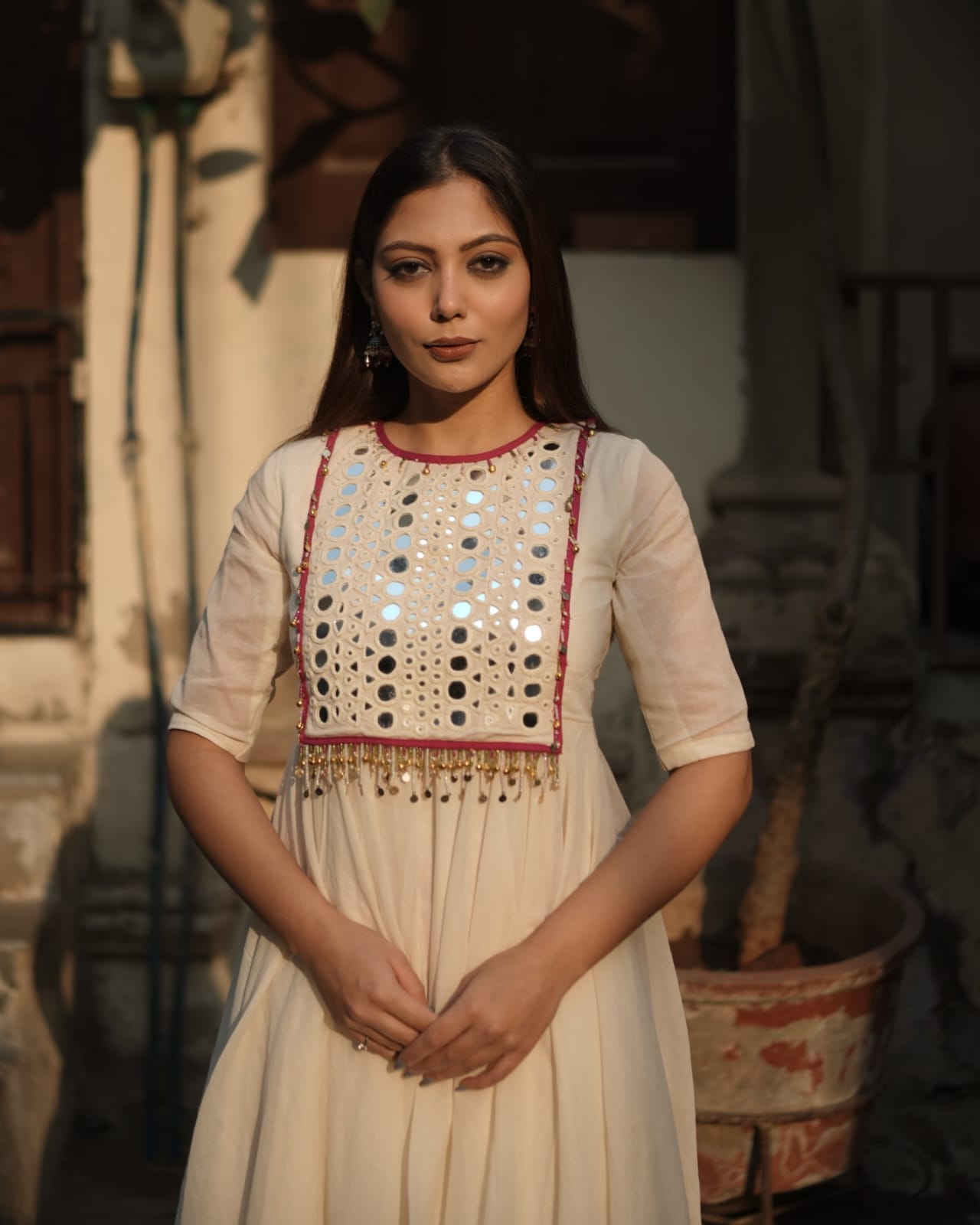 Half white Cotton Anarkali kurti with Pant