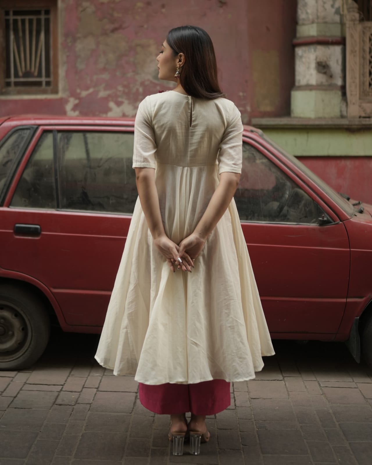 Half white Cotton Anarkali kurti with Pant