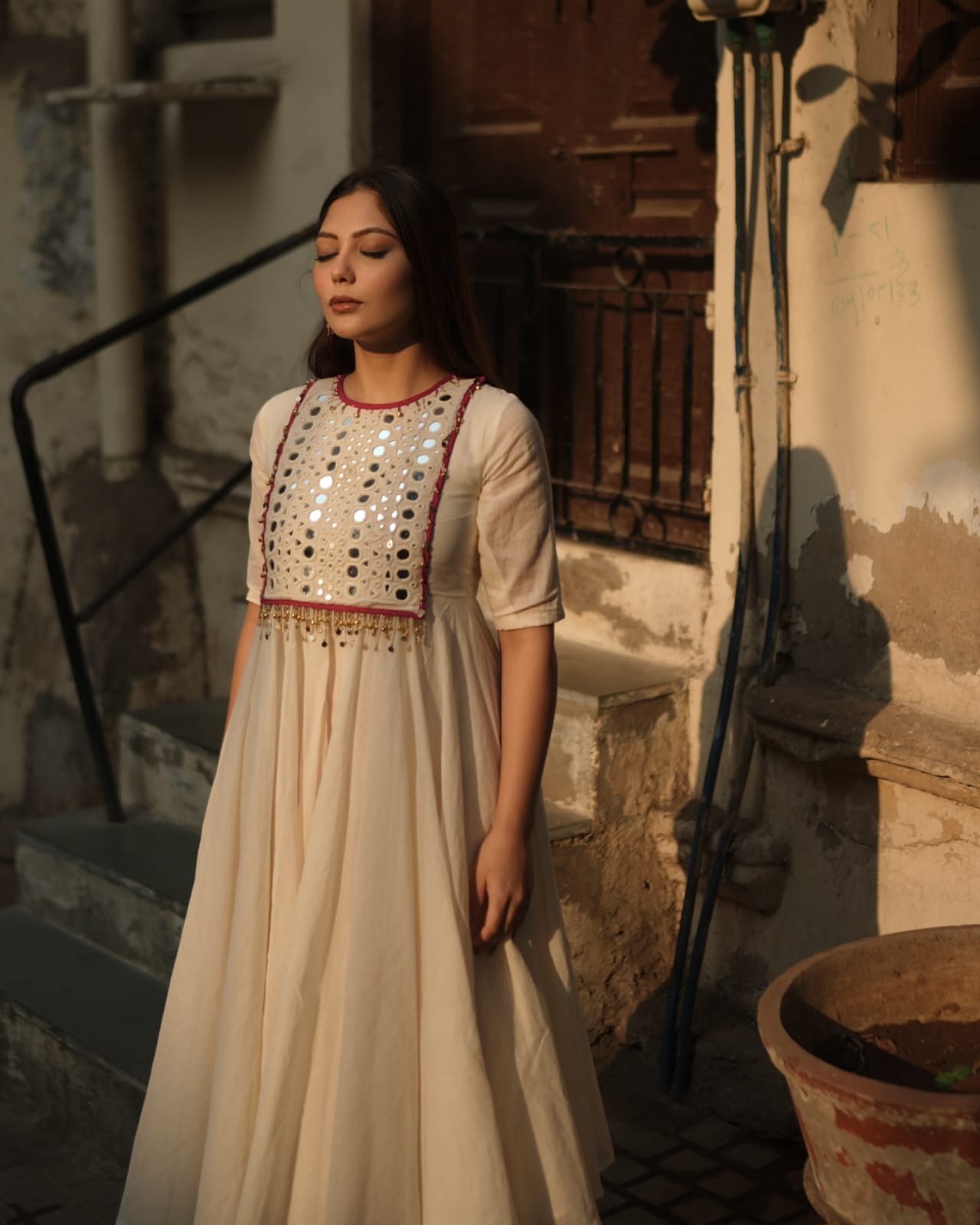 Half white Cotton Anarkali kurti with Pant