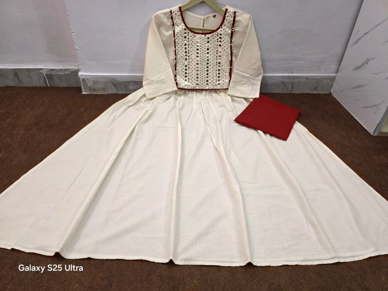 Half white Cotton Anarkali kurti with Pant
