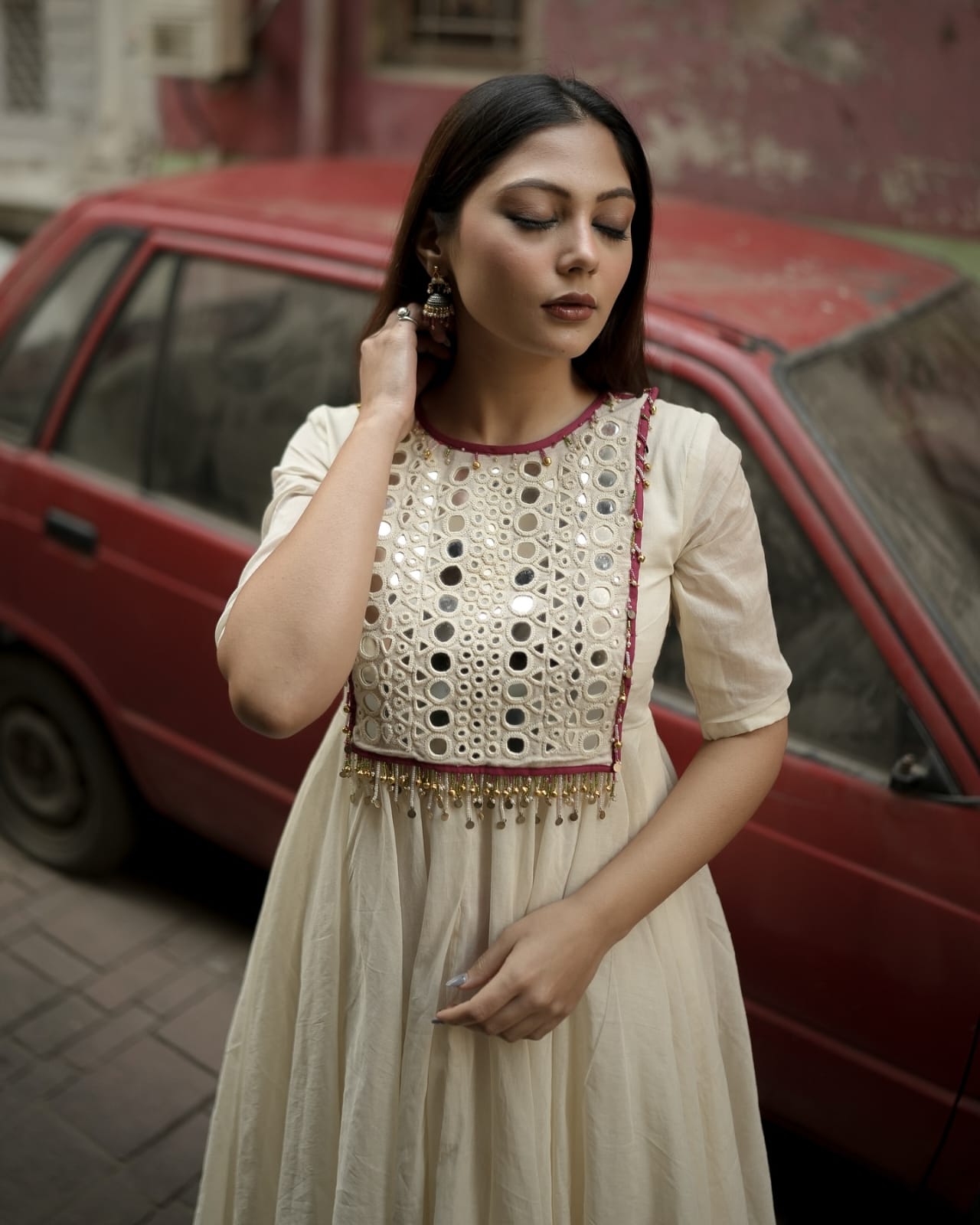 Half white Cotton Anarkali kurti with Pant