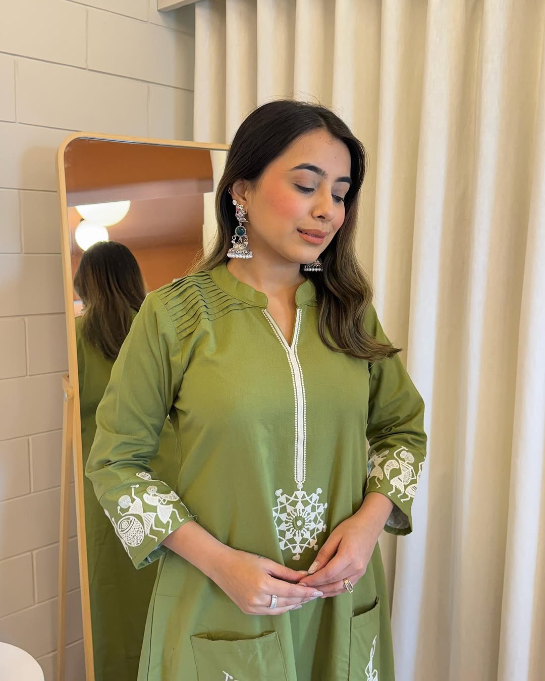Premium Cotton A-Line Green Kurti with Pant Set