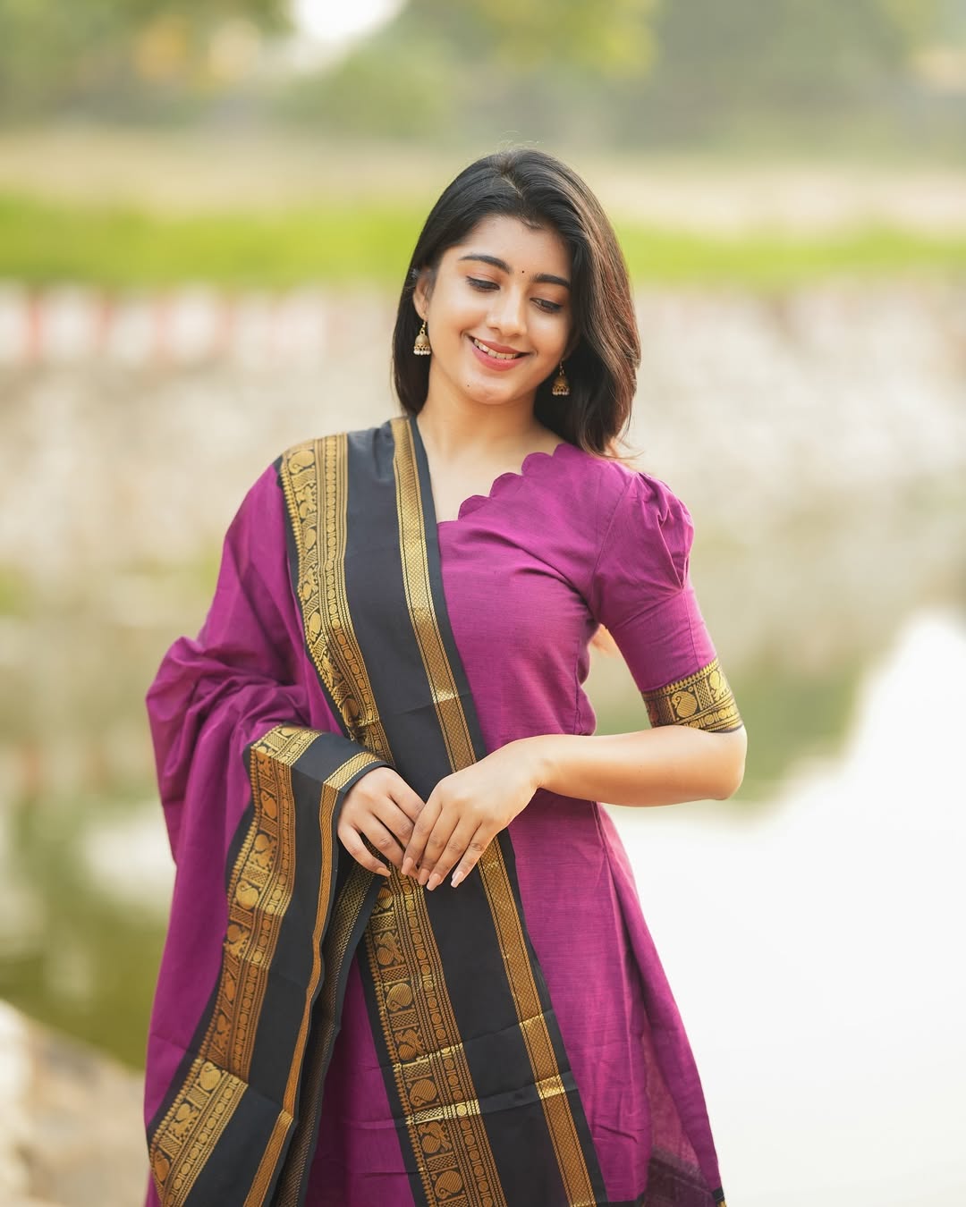 Premium Heavy Kanchi Cotton Dark Purple Kurti with Dupatta for Women