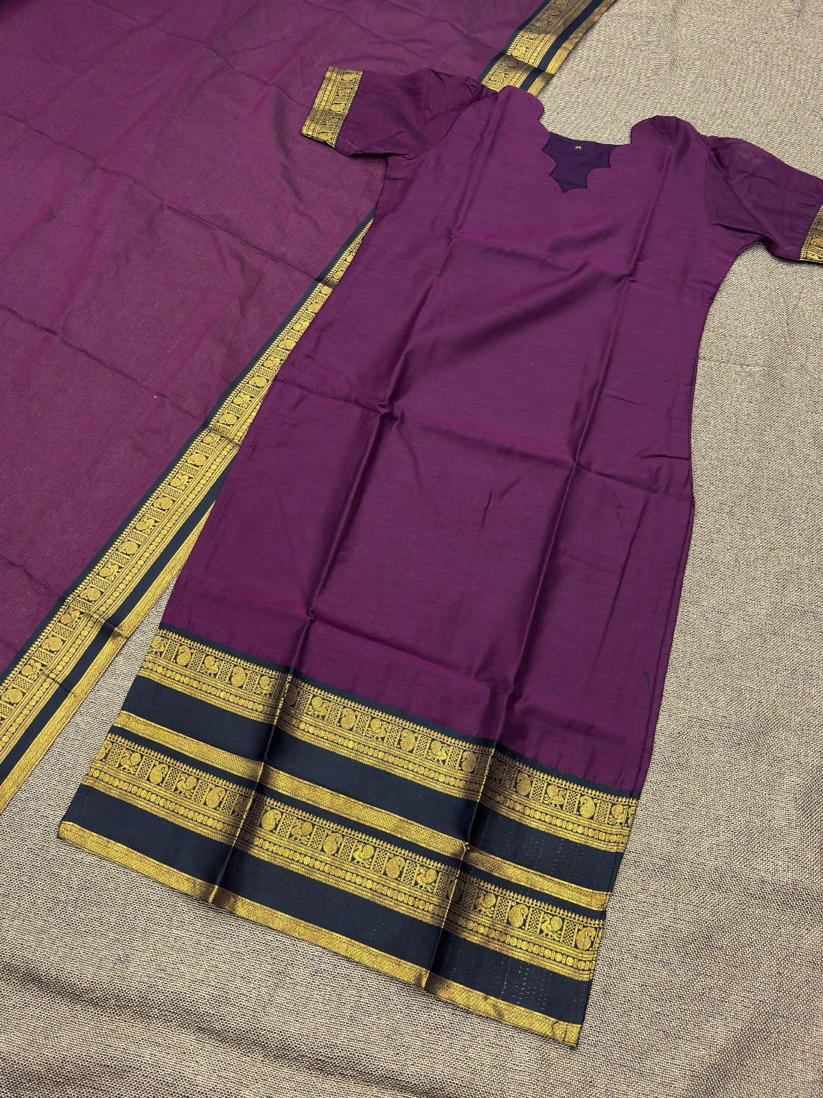 Premium Heavy Kanchi Cotton Dark Purple Kurti with Dupatta for Women