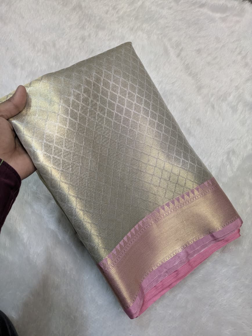 Premium Banarasi Tissue White and Pink Saree