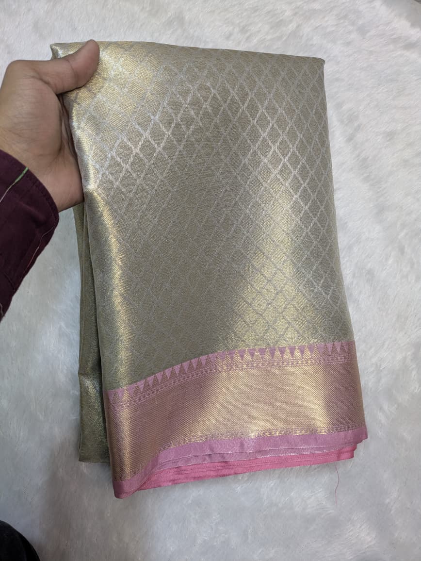 Premium Banarasi Tissue White and Pink Saree
