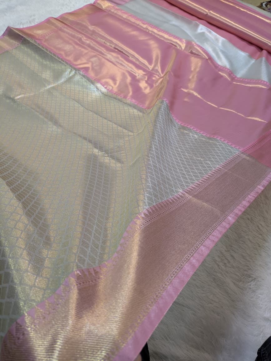 Premium Banarasi Tissue White and Pink Saree
