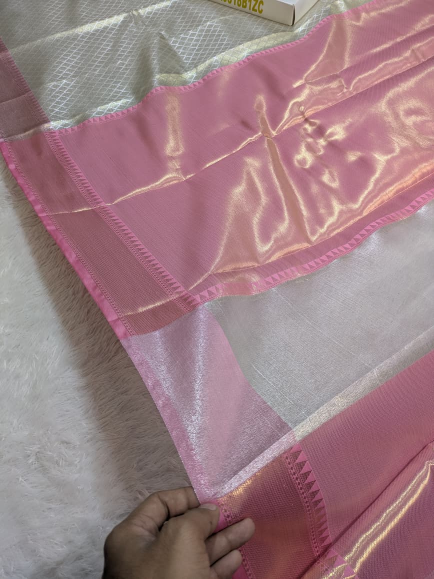 Premium Banarasi Tissue White and Pink Saree