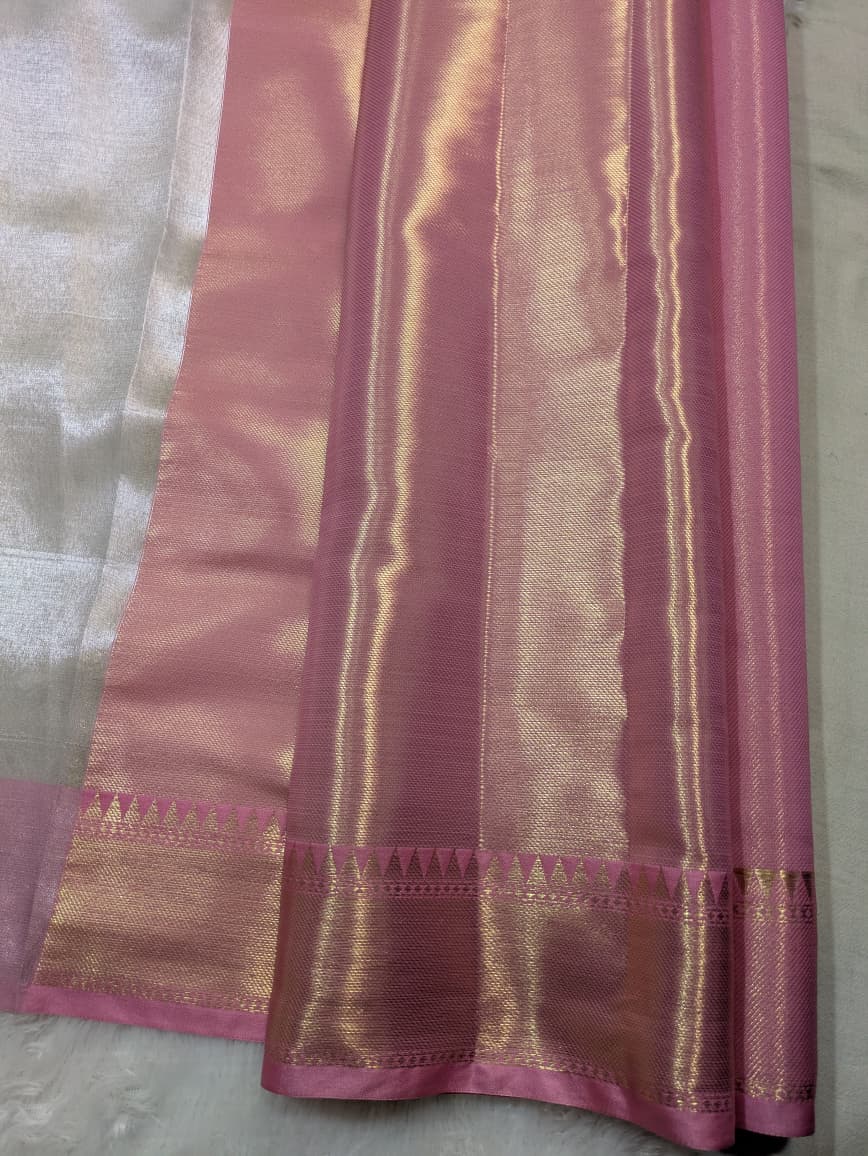 Premium Banarasi Tissue White and Pink Saree