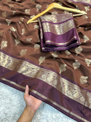 Brown & Purple Premium katan Soft Silk Saree