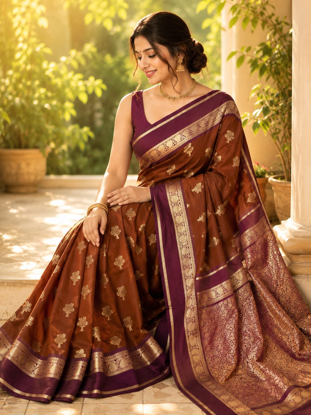 Brown & Purple Premium katan Soft Silk Saree
