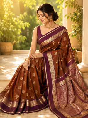 Brown & Purple Premium katan Soft Silk Saree