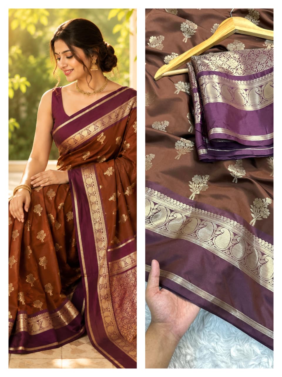Brown & Purple Premium katan Soft Silk Saree