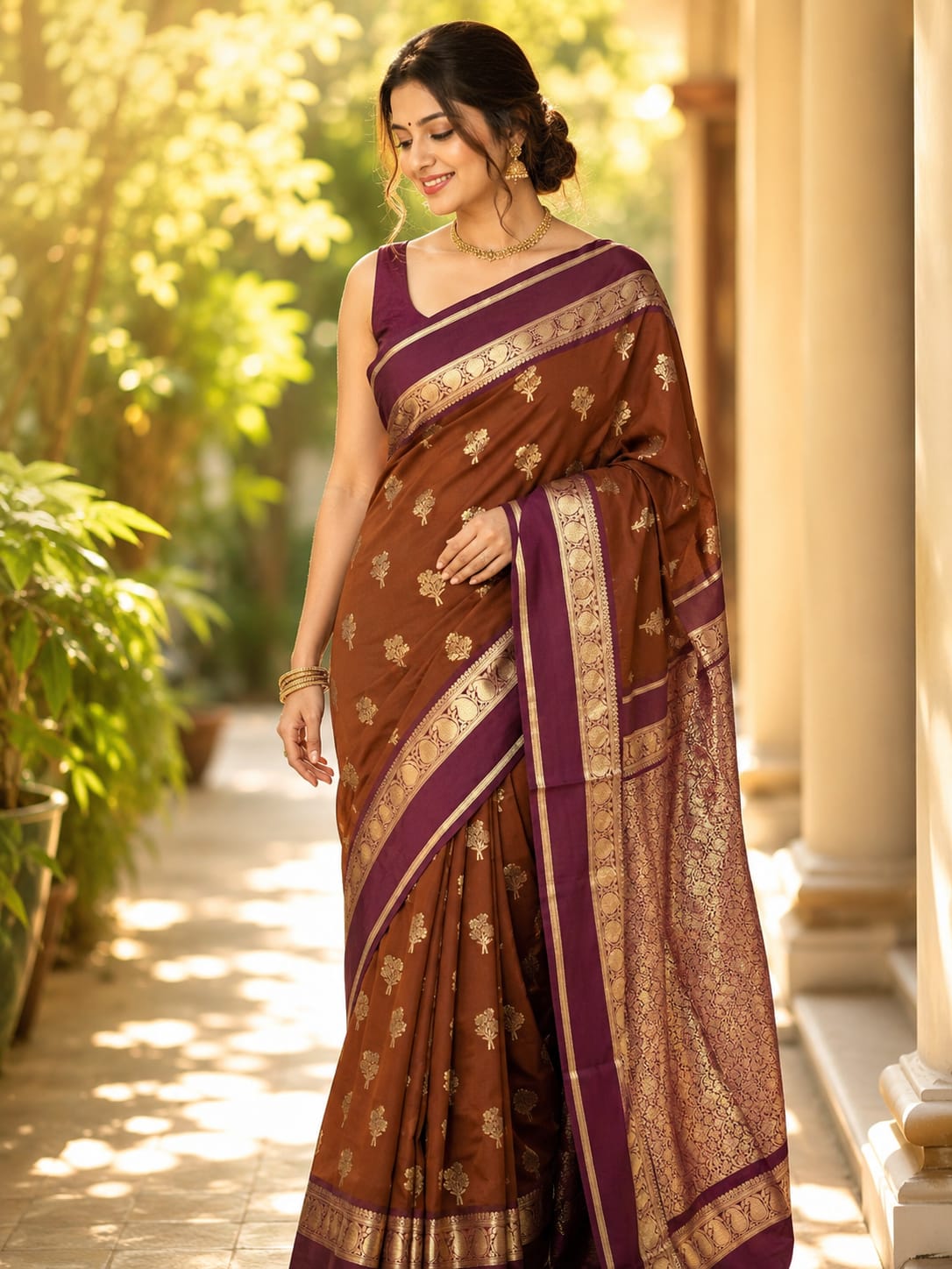Brown & Purple Premium katan Soft Silk Saree