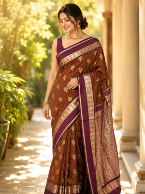 Brown & Purple Premium katan Soft Silk Saree