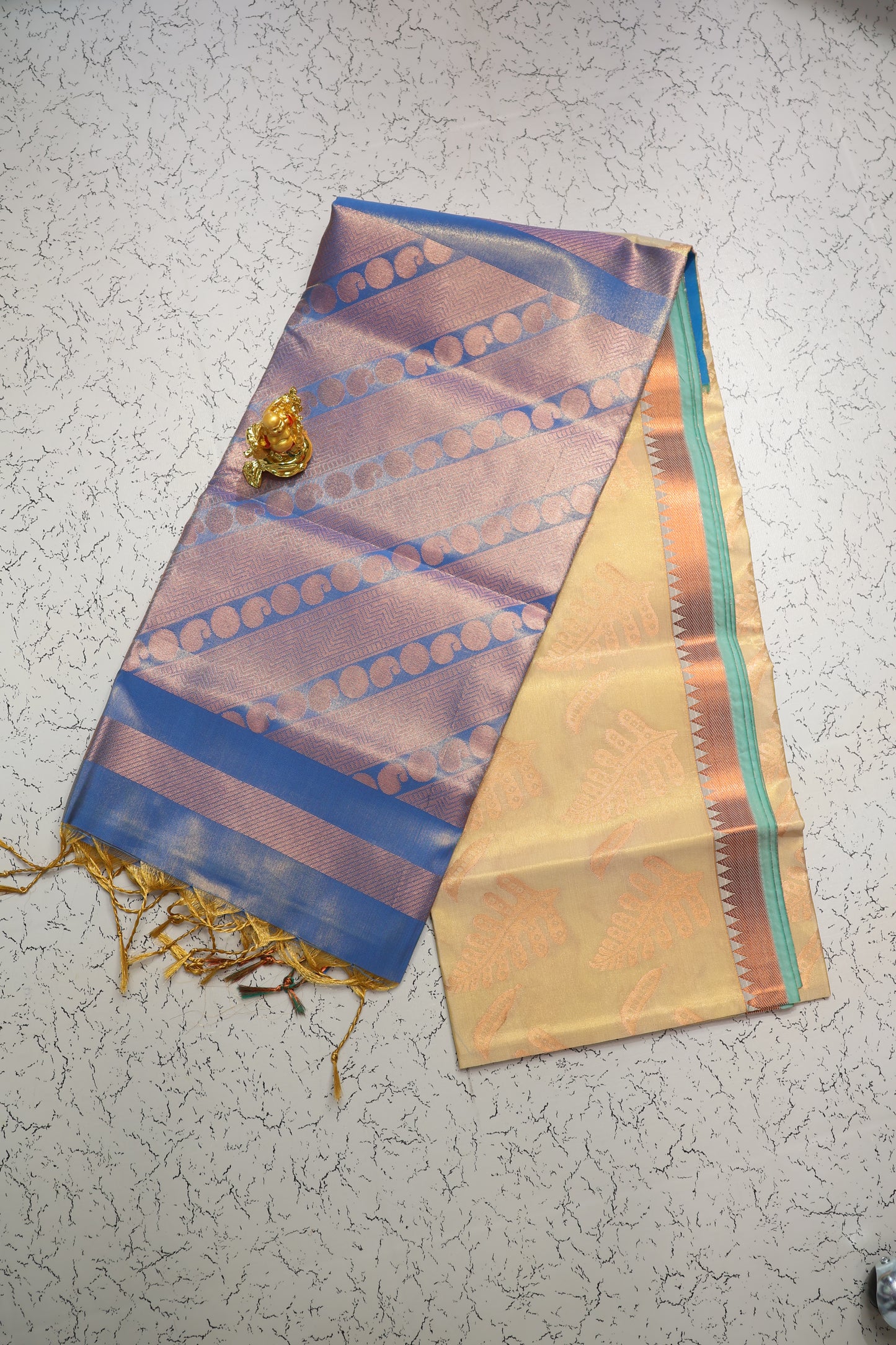 beige royal blue pallu tissue saree