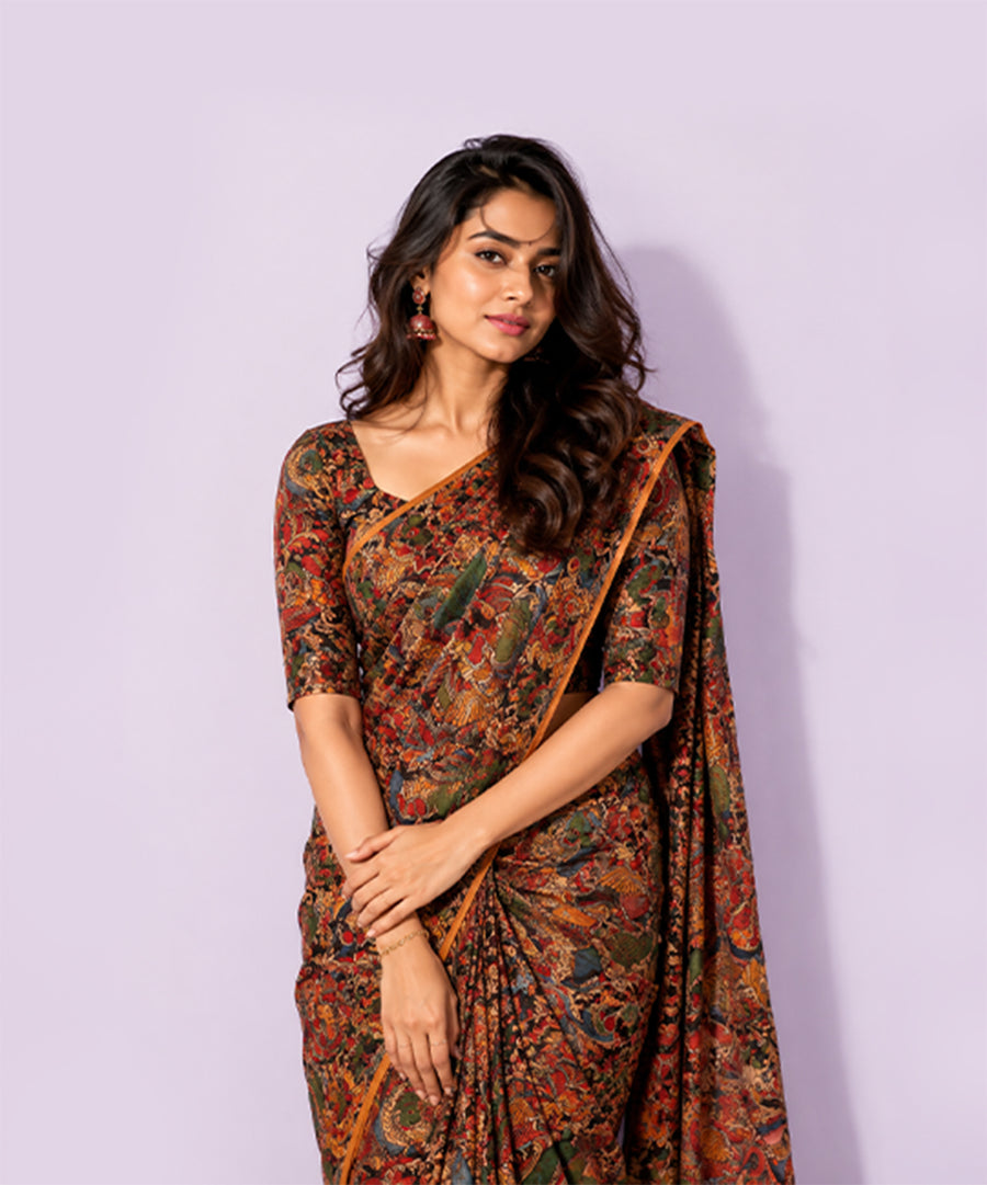 Office and college wear Linen Digital Print Saree With Kalamkari Print
